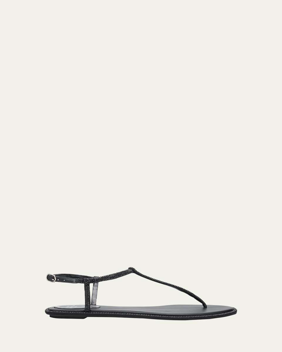 Strass Satin T-Strap Flat Sandals